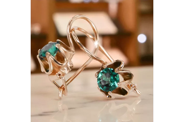 14 كارت من الذهب الأحمر الوردي 14k 583 Emerald أقراط vec013 روسي سوفيتي الاتحاد السوفيتي حرف يدوية فينتاج آرت ديكو style